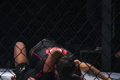 Two fighters grappling, seen through the cage (cropped)